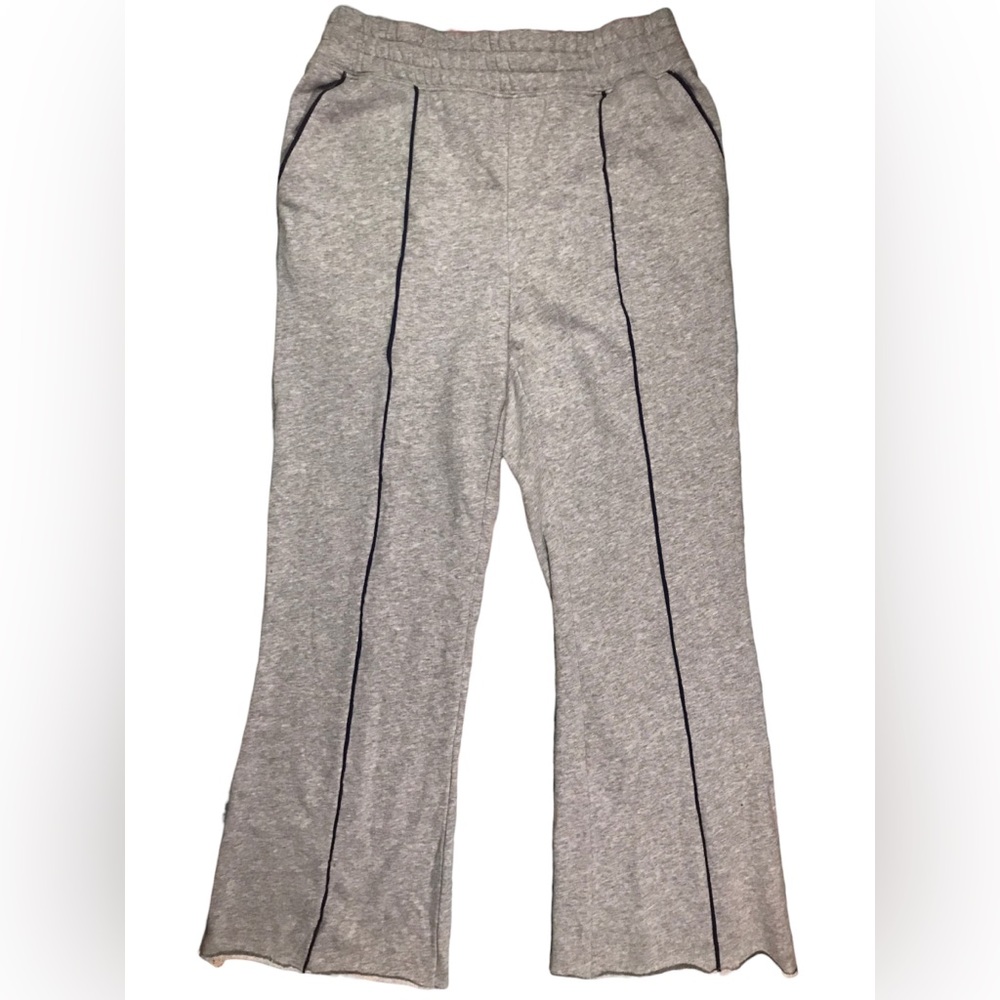 Heather Grey relaxed fit elastic waist sweatpants navy blue trim wide leg comfy